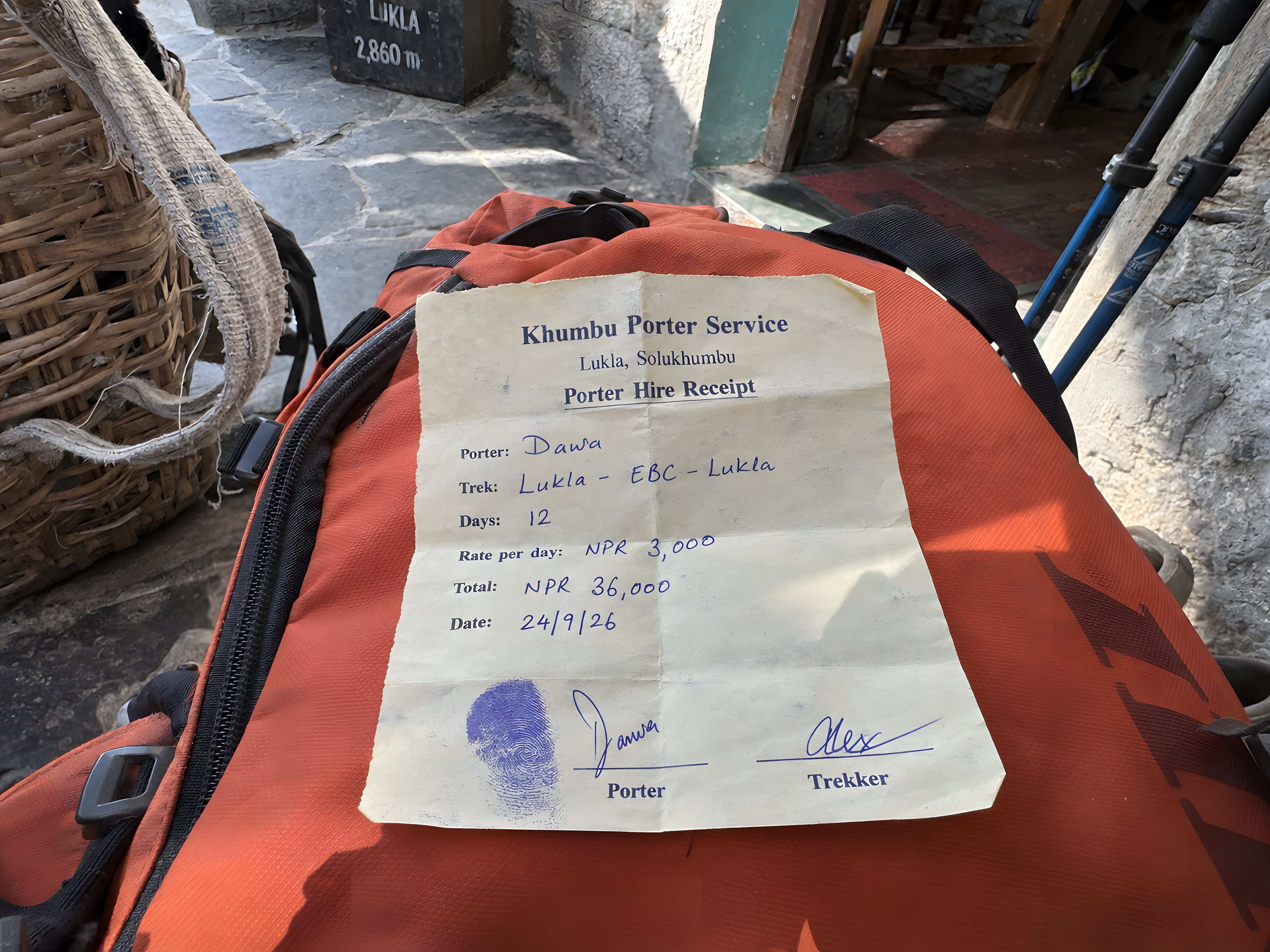 Porter hire slip, Lukla