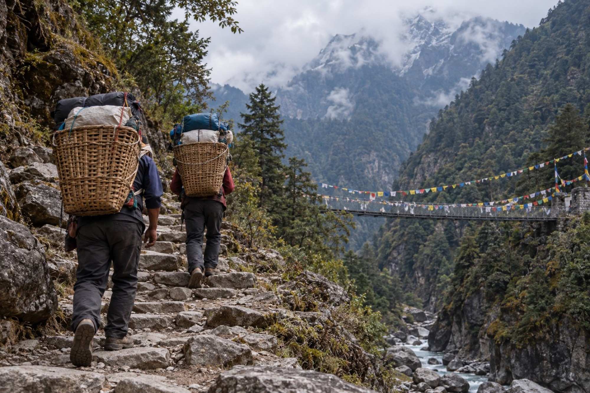 Porters on the stone trail above Lukla