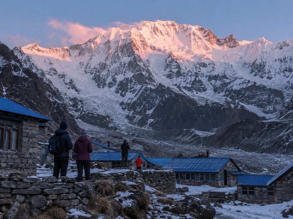 Lodges at Annapurna Base Camp below Annapurna I at dawn