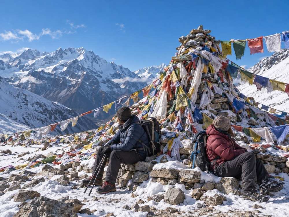 Prayer flags over the Thorong La pass on the Annapurna Circuit
