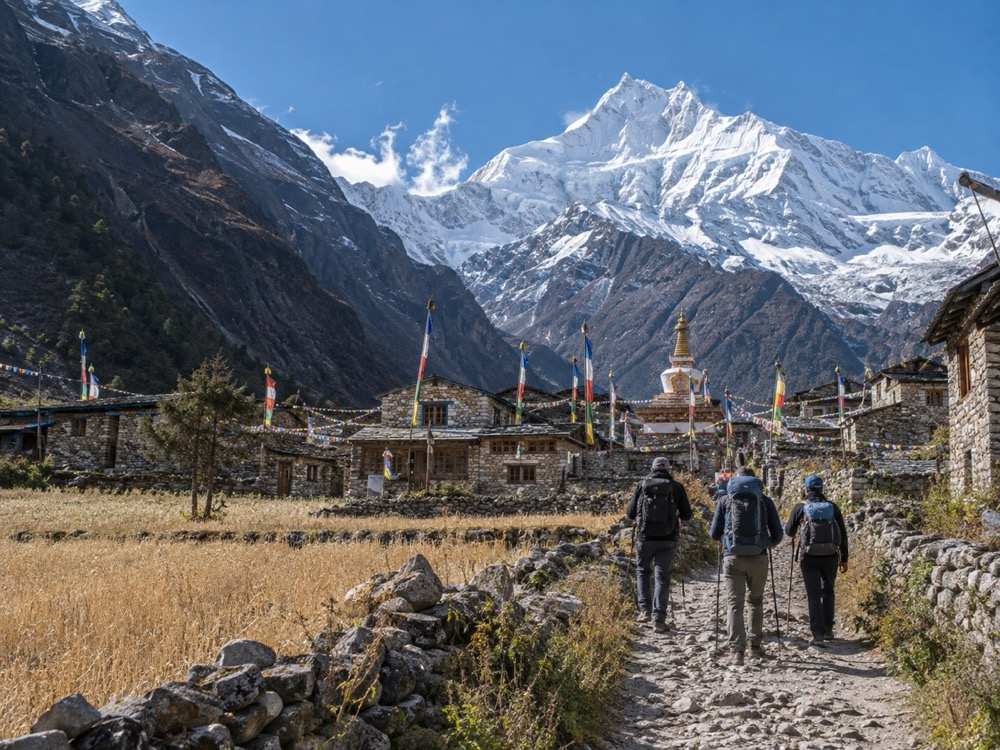 Samagaon village below Manaslu on the Manaslu Circuit