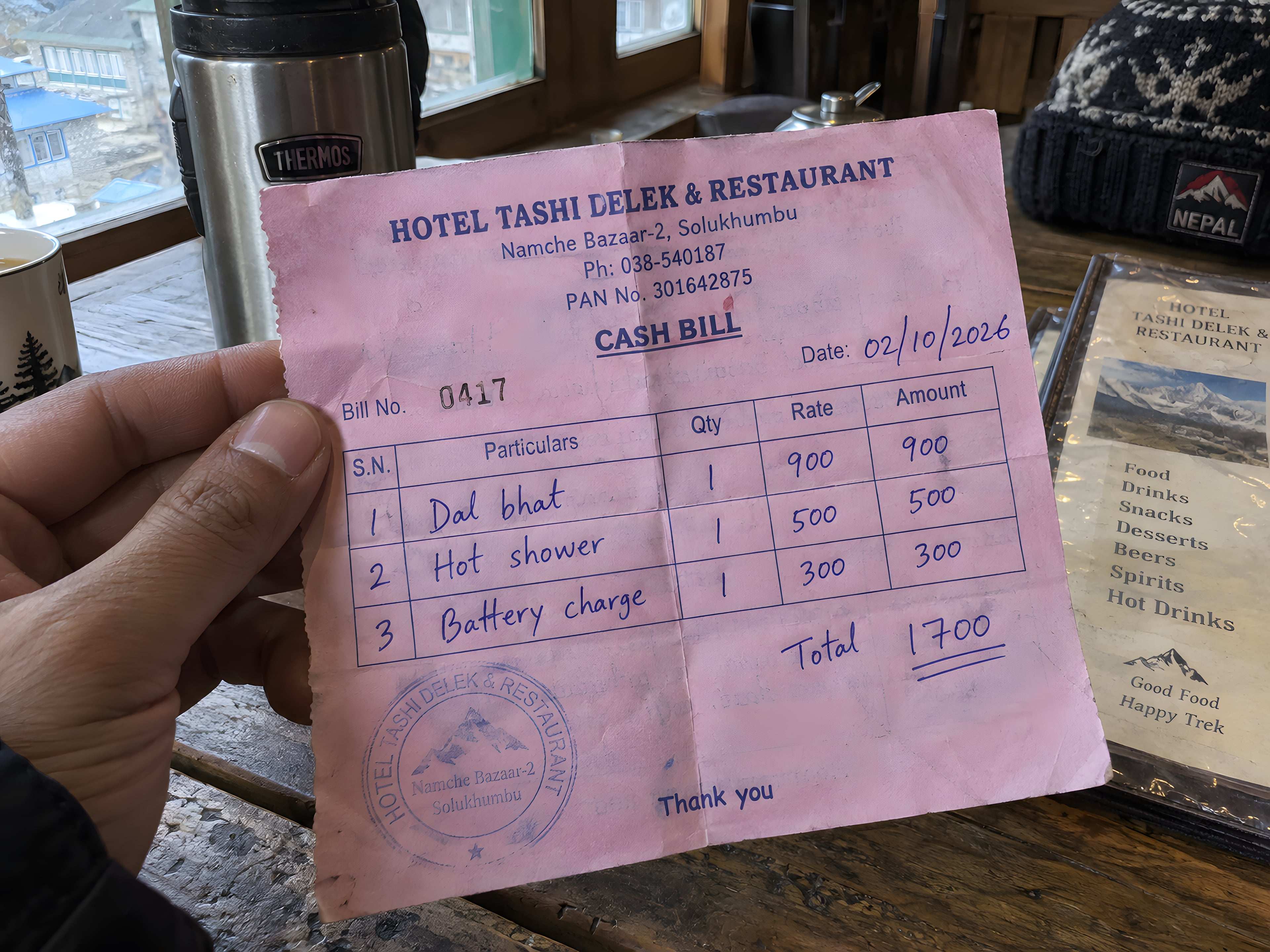 Lodge bill, Namche